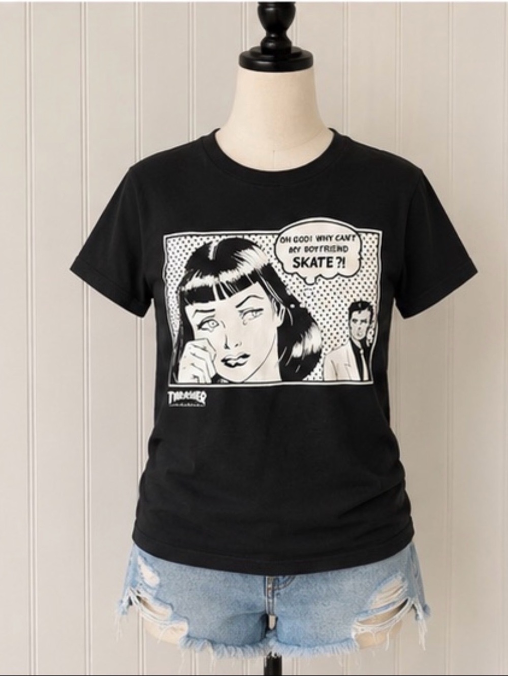 Thrasher Black Why can’t my boyfriend skate Comic-Print Short Sleeve Tee sz med